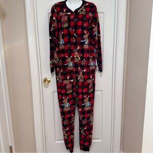 Secret Treasures Women’s L Plush Red Moose Print Union Suit Pajamas Drop Seat